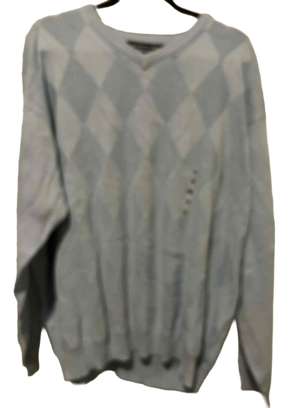 Northern Isles Sweater Men 2XL Light Blue V Neck Argyle Cotton Knit Pullover NWT